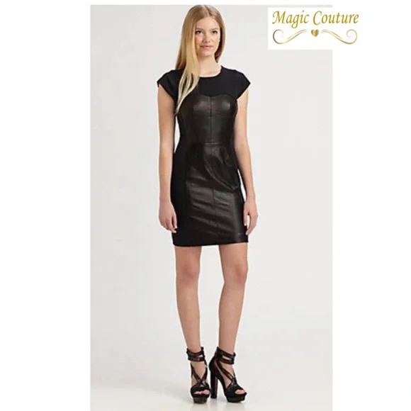 ❌SOLD❌Rebecca Taylor Lamb Leather Paneled Dress🖤🖤🖤 - Picture 1 of 14